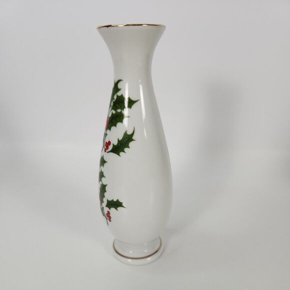 Bud Vase Christmas Holly Berry Holiday Decor White Porcelain 6 1/2" Gold Trim - Picture 2 of 11